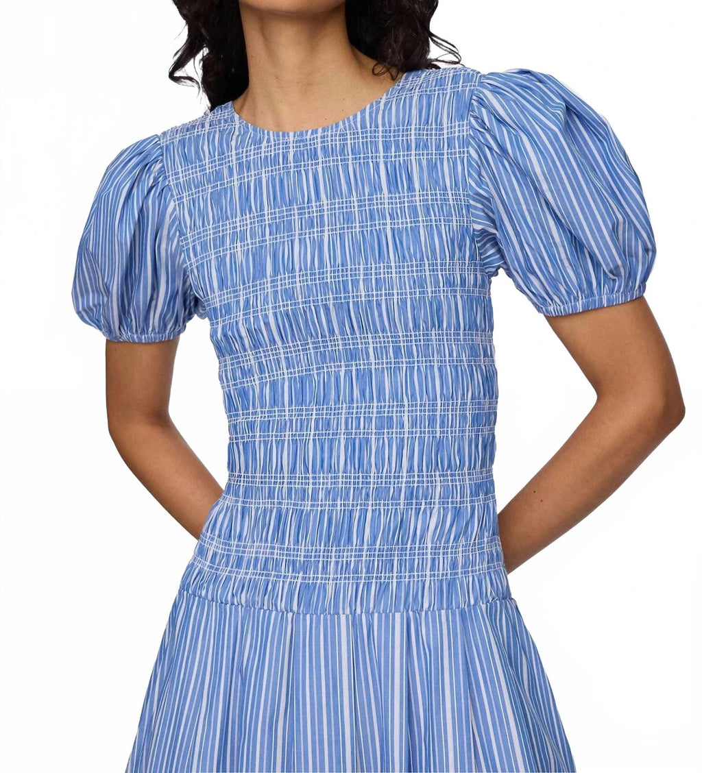 Stripe Cotton Long Smocked Pleated Dress In Nouvean Navy