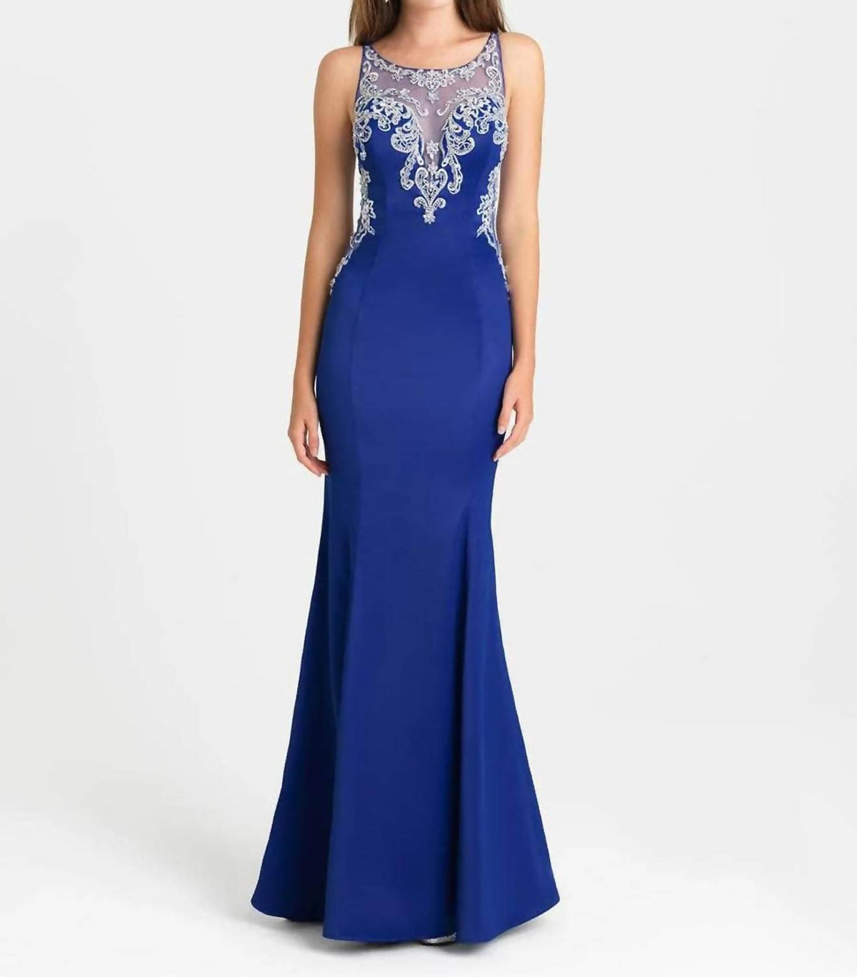 Illusion Embroidered Evening Maxi Dress In Royal
