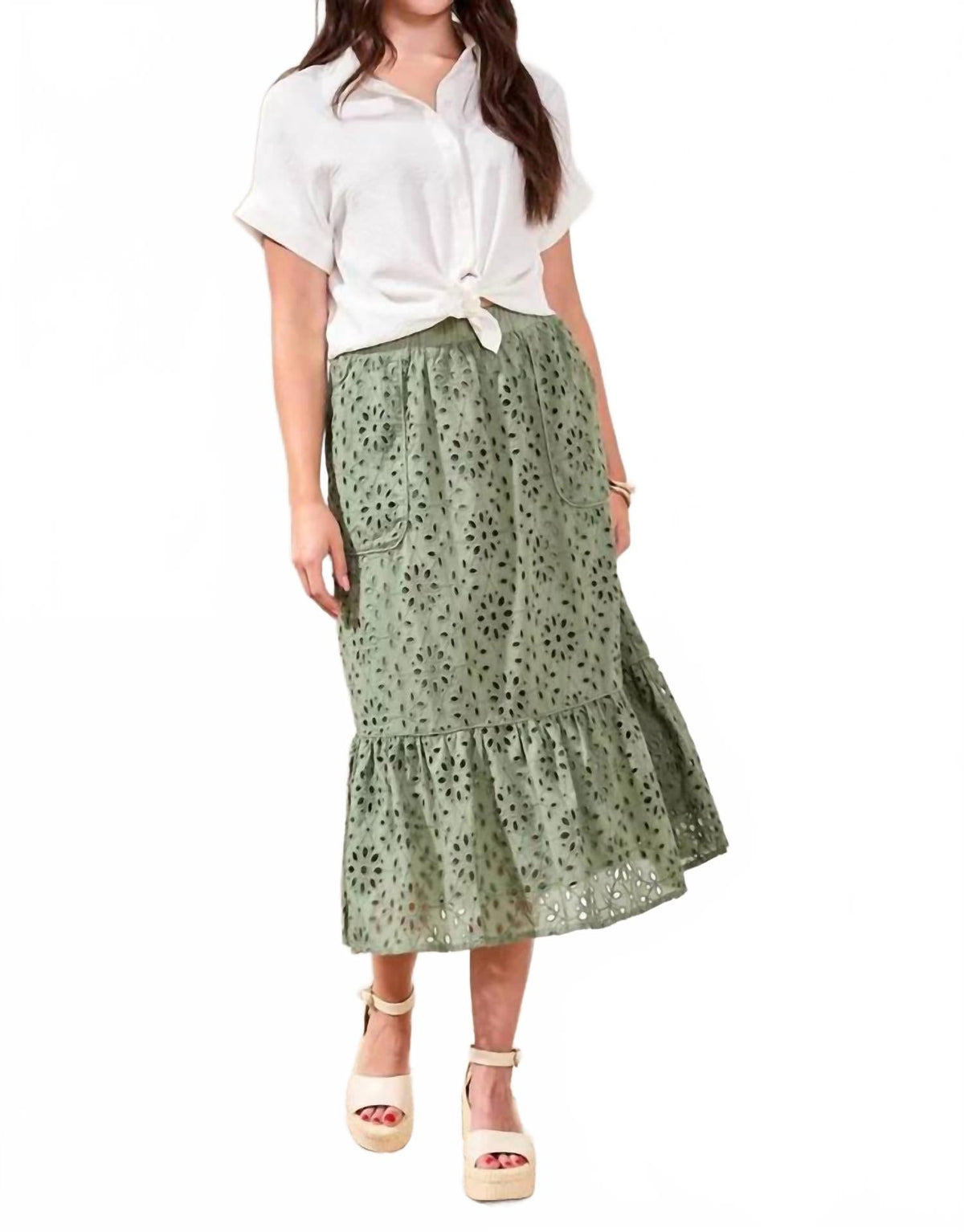 Meadow Breeze Eyelet Skirt In Sage Green