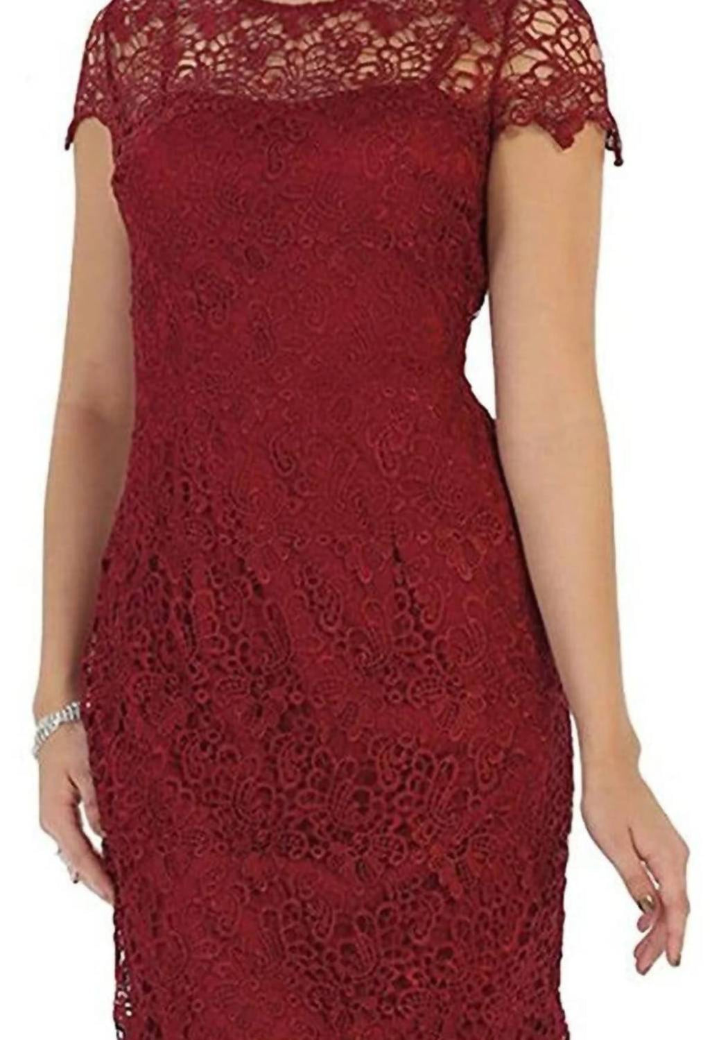Stylish Cap Sleeve Lace Formal Midi Dress In Burgundy