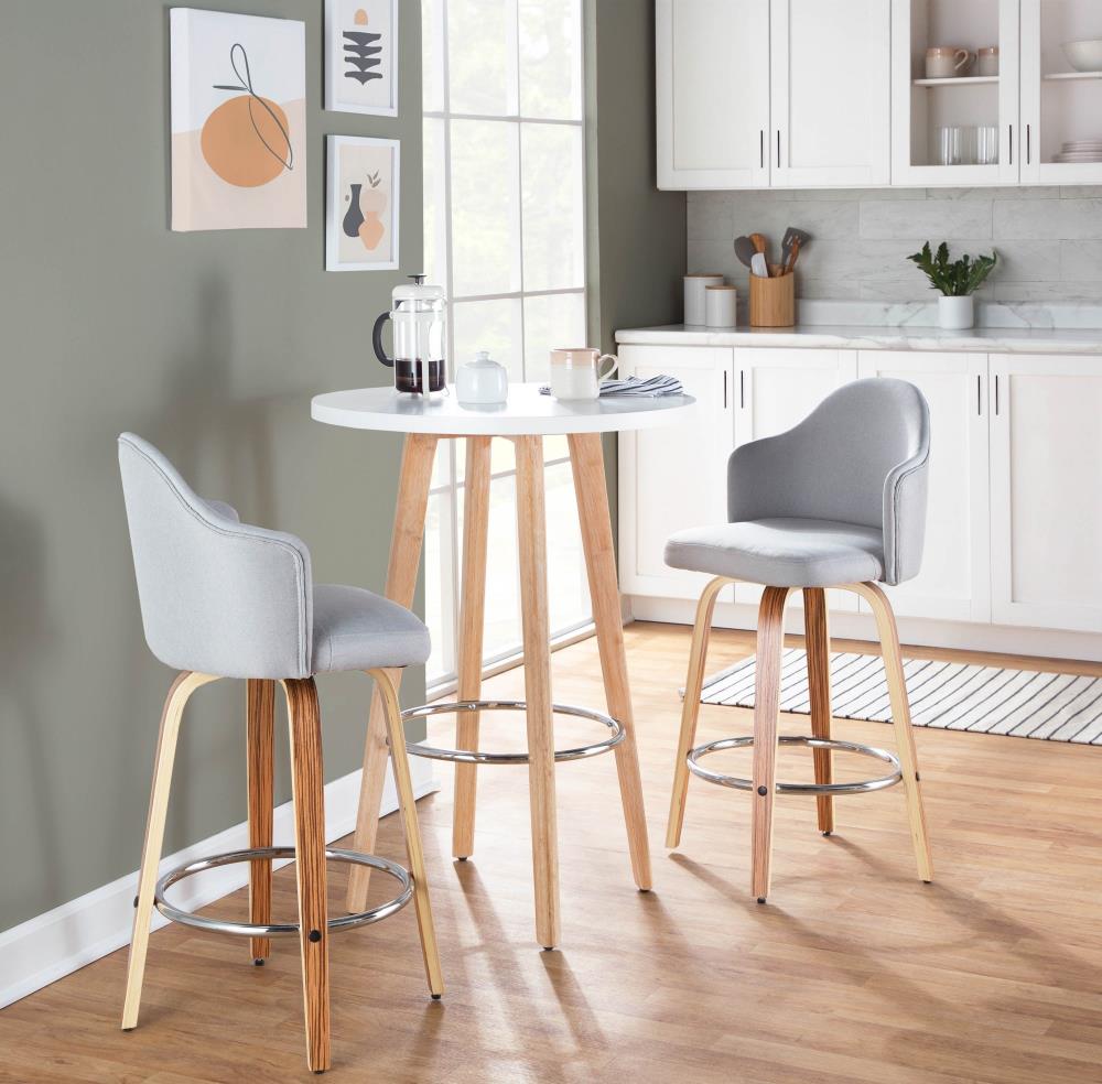 Set of 2 Upholstered Counter Chairs with Wooden Legs and Chrome Footrest Details