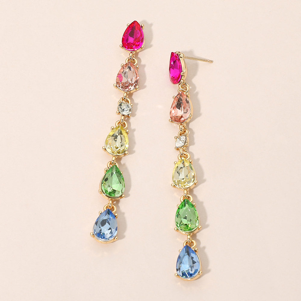 Elegant Colorful Teardrop Stone Cluster Link Linear Drop Evening Earrings