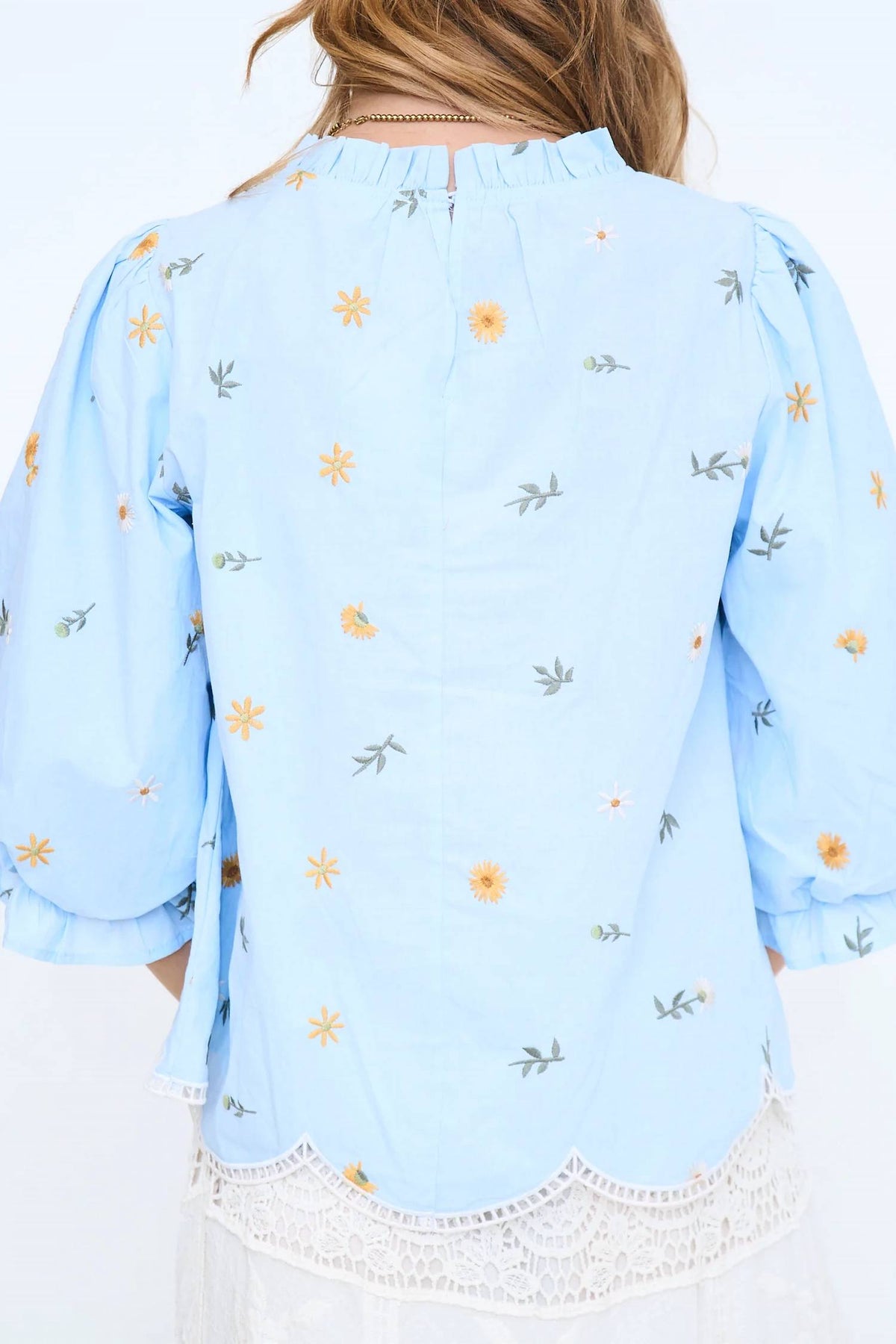 Scallop Hem Detail Embroidered Top In Blue