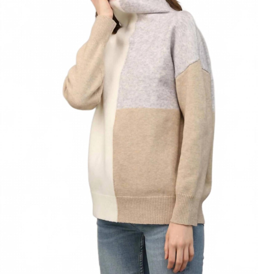 Mock Neck Neutral Color Block Sweater In Beige