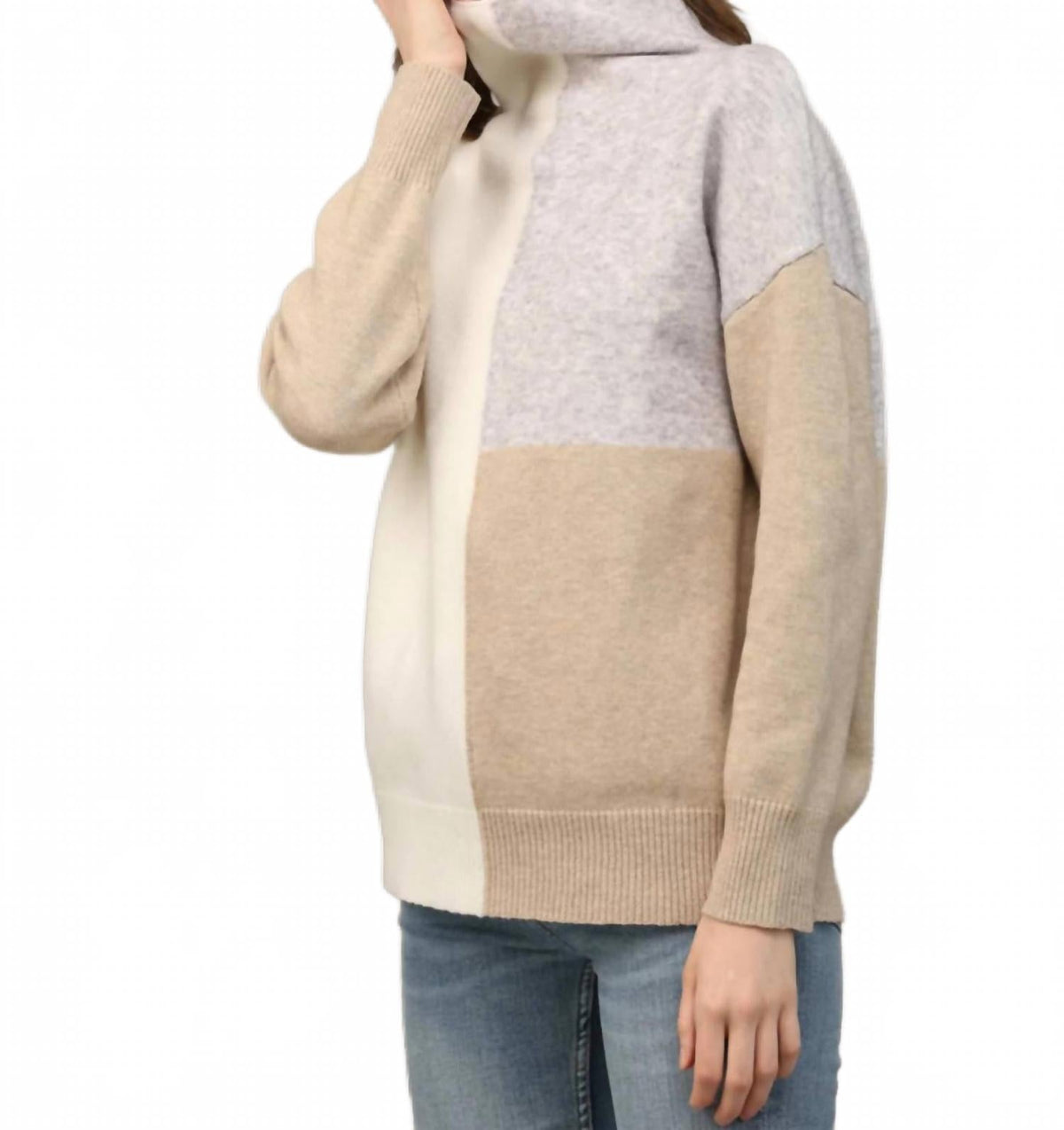 Mock Neck Neutral Color Block Sweater In Beige