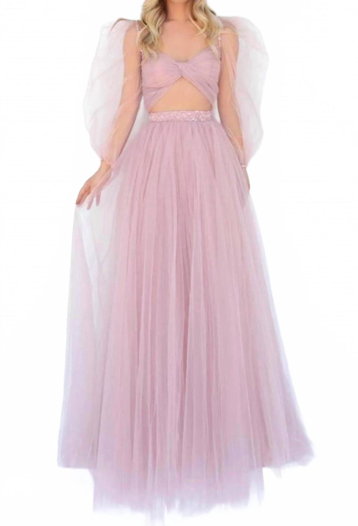 Two-Piece Sheer Bishop Sleeve Prom Gown In Rose