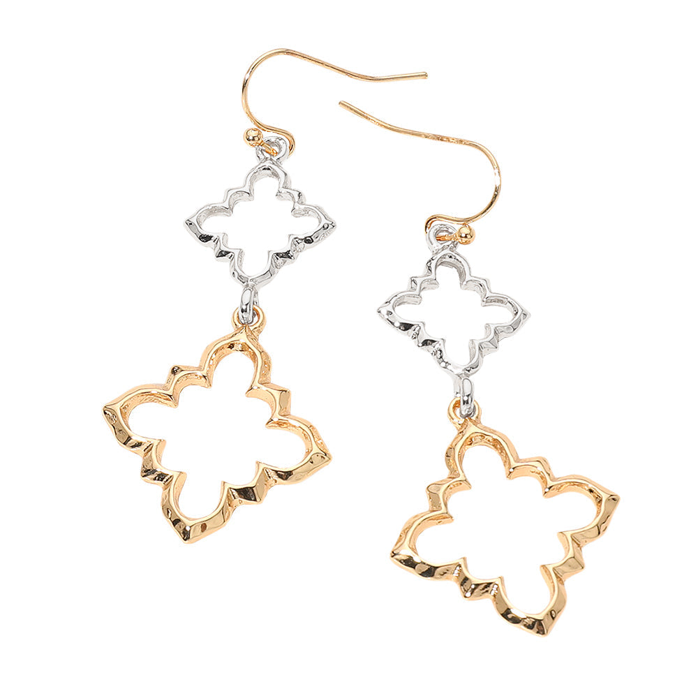 Double Metal Quatrefoil Openwork Link Drop Earrings