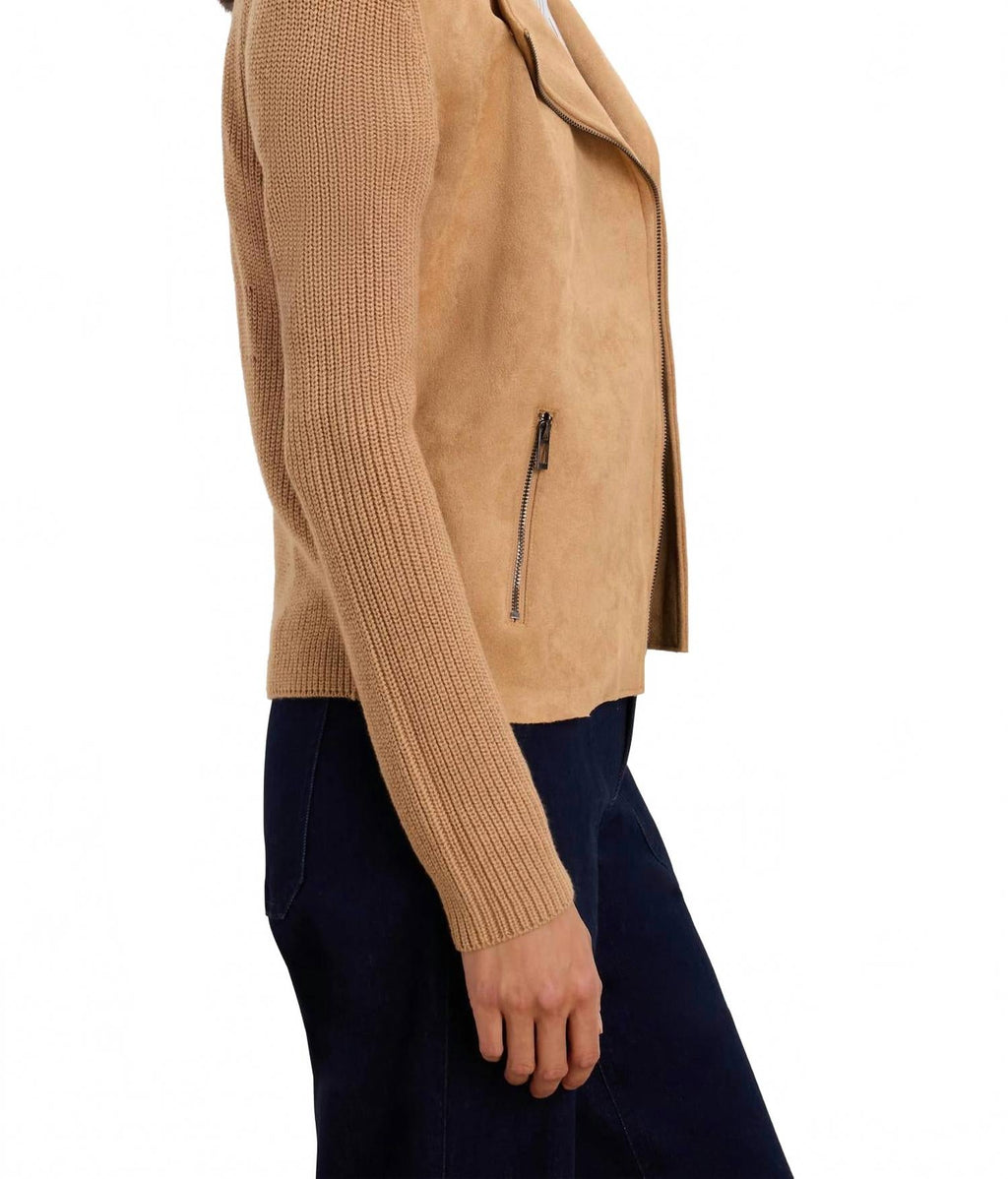 Mixed Media Moto Jacket In Caramel