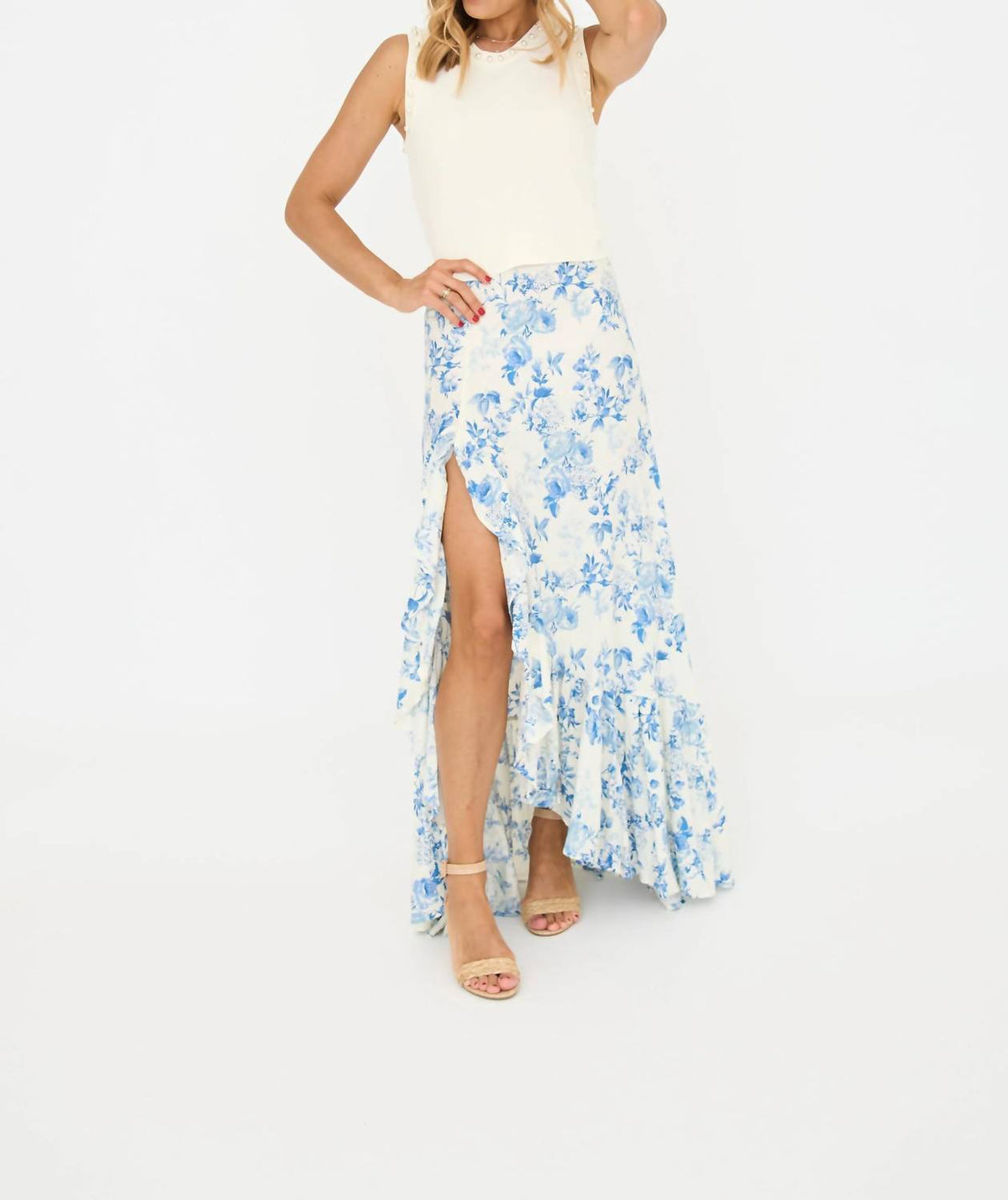 Jodie Ruffle Maxi Skirt In Blue/ White