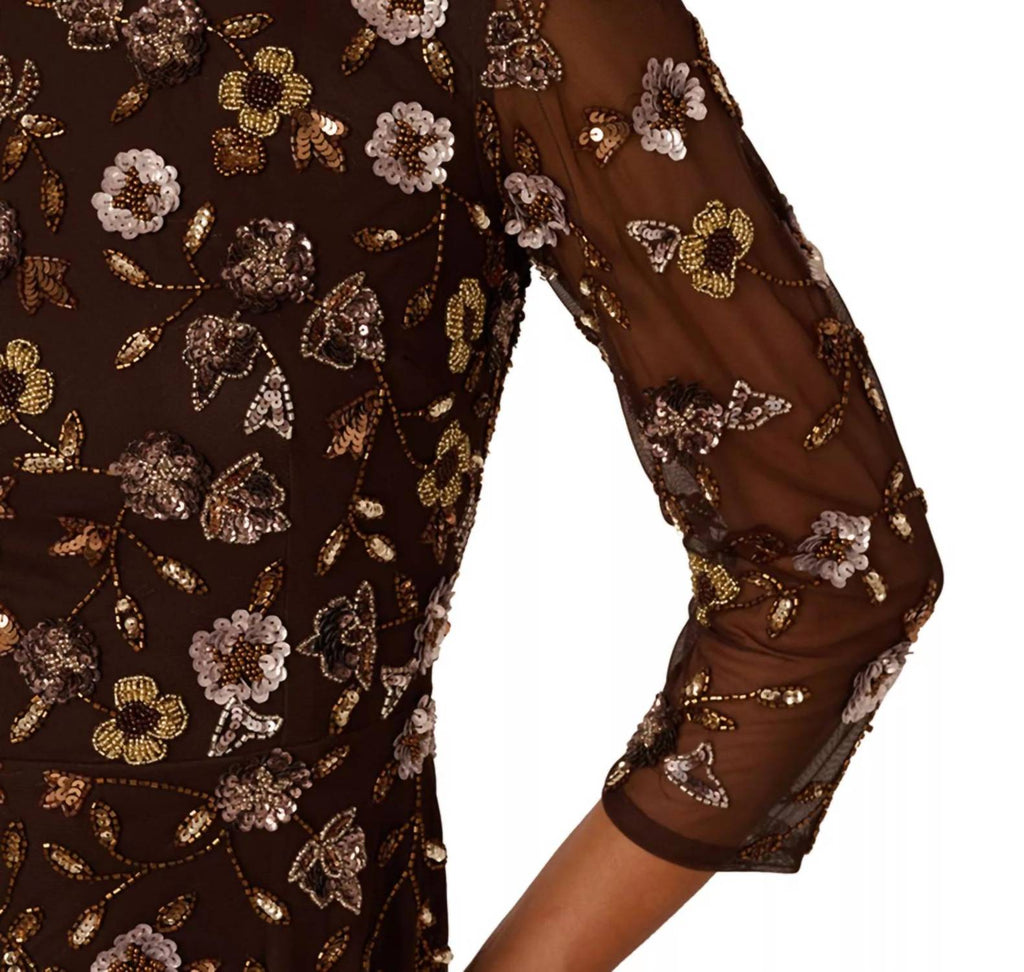 Crew Neck Floor-Length Mesh Formal A-Line Gown In Chocolate