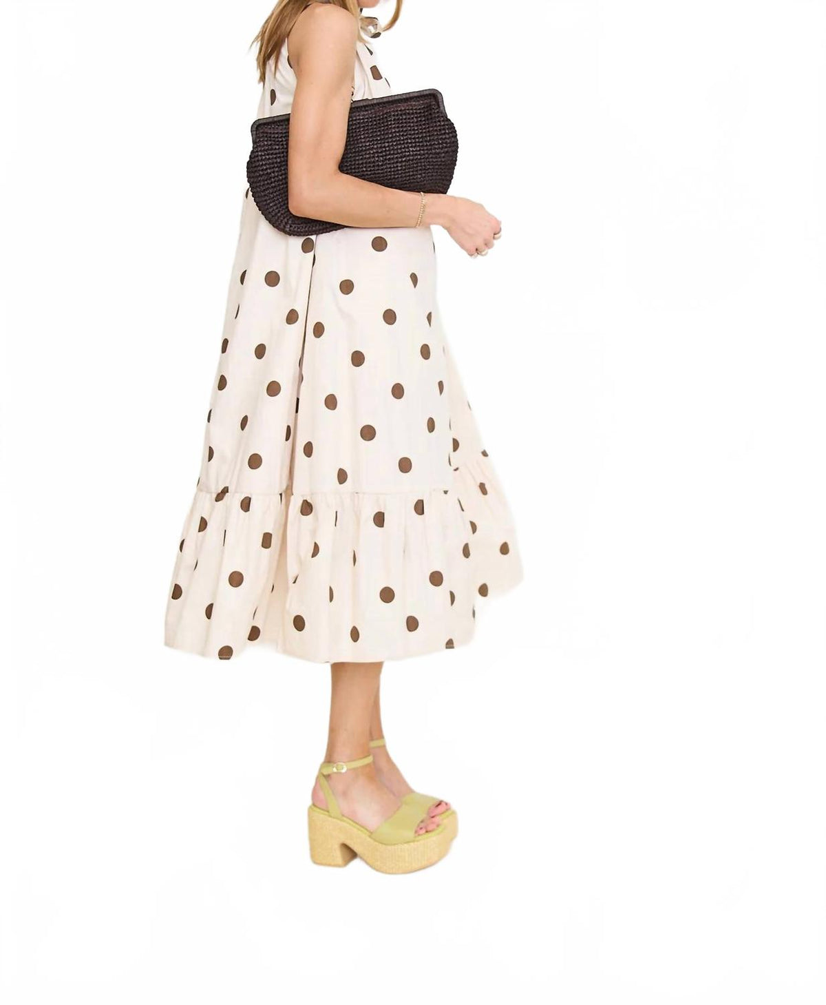 Ruffle Neck Tie Sleeveless Midi Dress In Brown