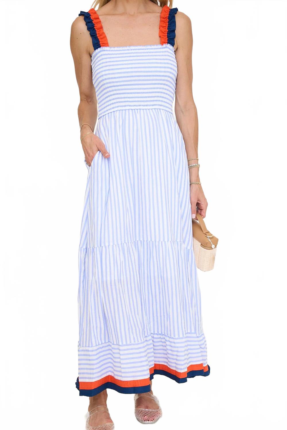 Ruffled Thin Strap Striped Tiered Midi Dress In Blue Multi