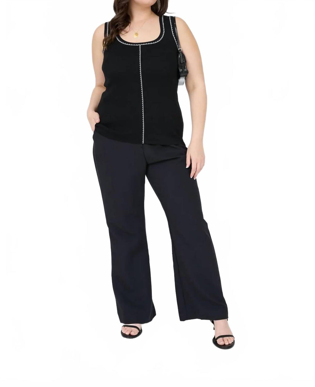 Contrast Line Detail Sweater Knit Tank Top In Black