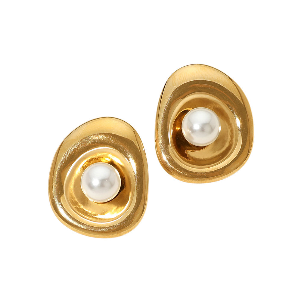Stainless Steel Organic Sculptural Frame Pearl Accent Earrings