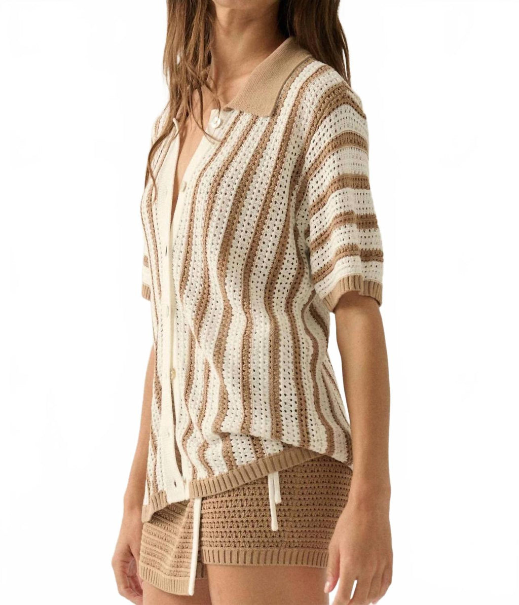 Striped Crochet Knit Button-Up Shirt In Taupe