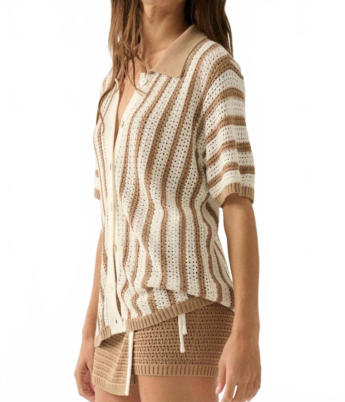 Striped Crochet Knit Button-Up Shirt In Taupe