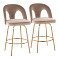 Set of 2 Contemporary Counter Stools with Velvet Upholstery and Circular Footrests