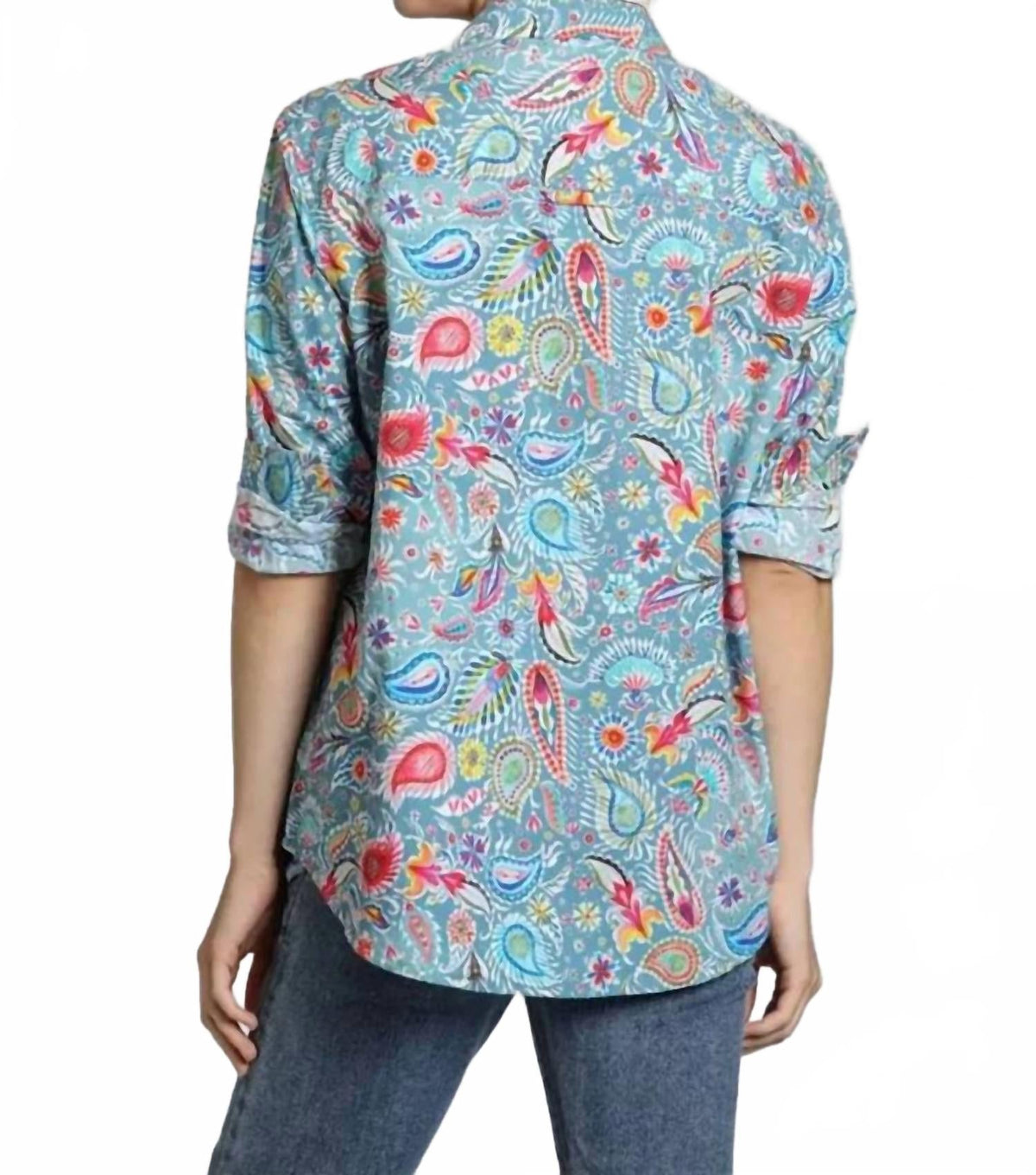 Boyfriend Button-Up Shirt With Roll-Up Sleeve In Blue Multi