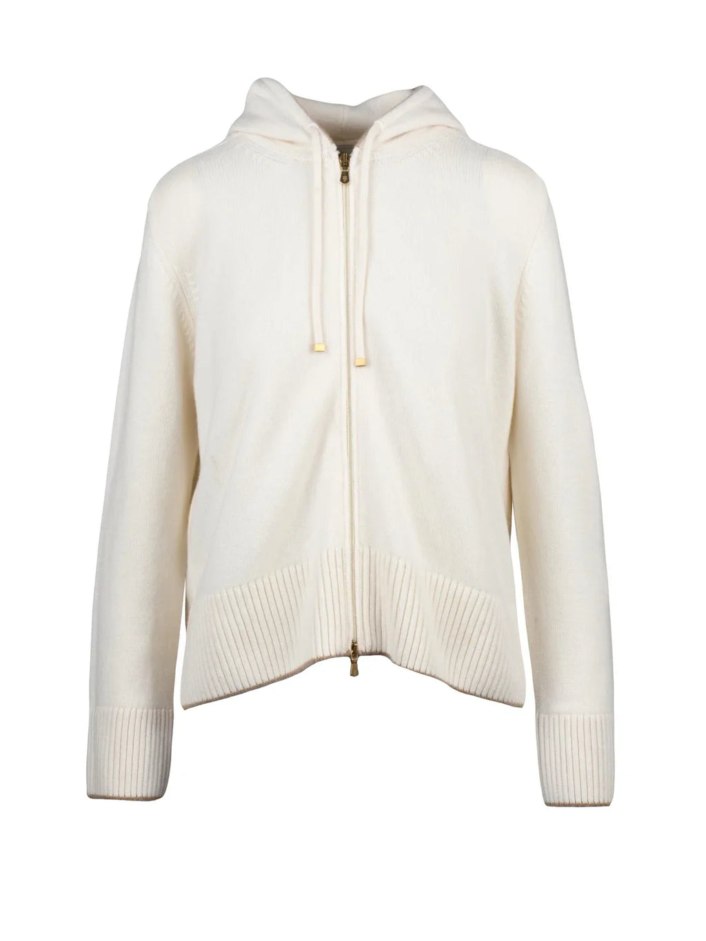 White Drawstring Hooded Cashmere Zip Cardigan