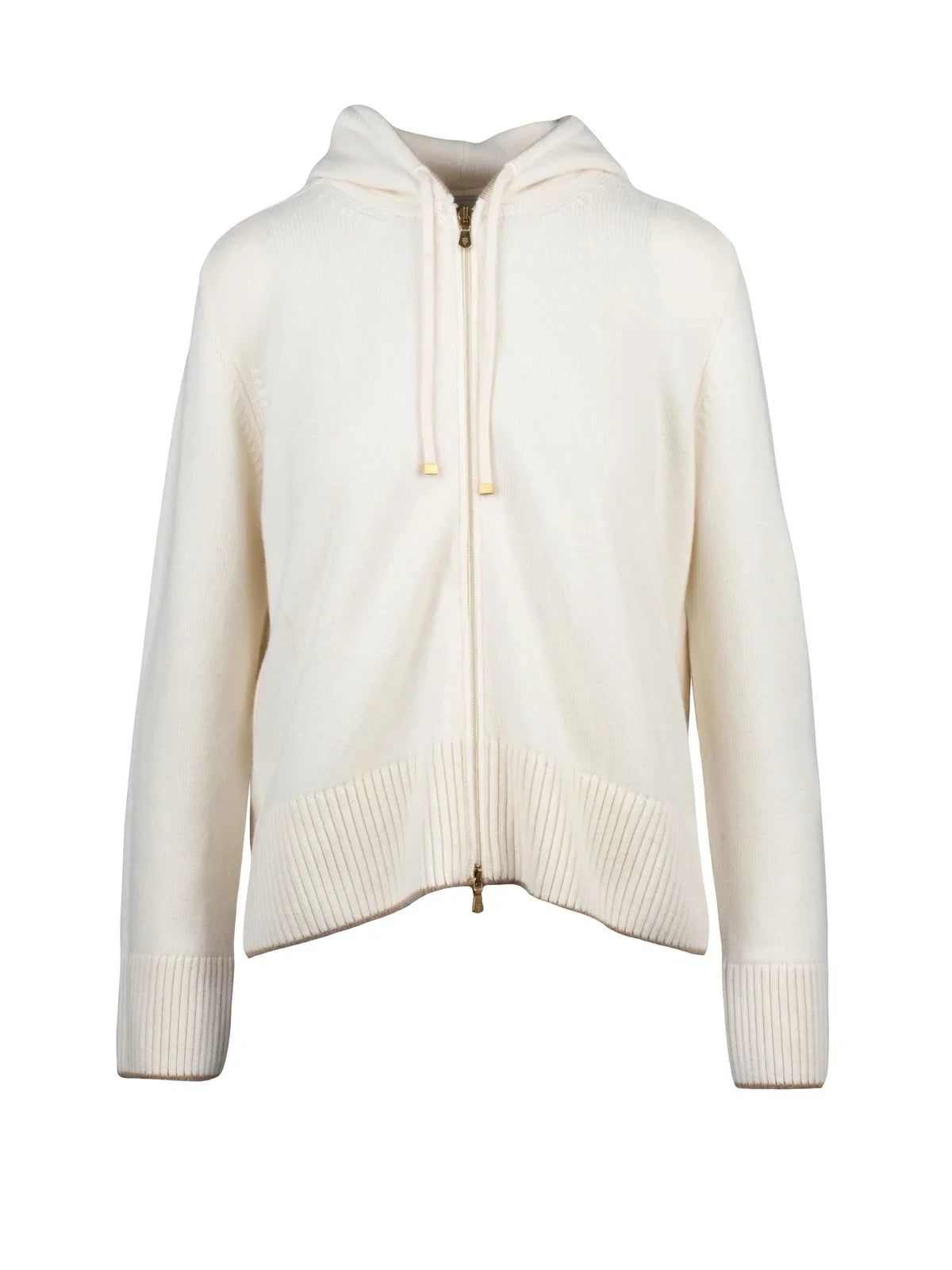 White Drawstring Hooded Cashmere Zip Cardigan