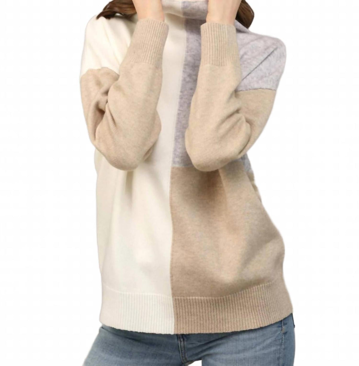 Mock Neck Neutral Color Block Sweater In Beige