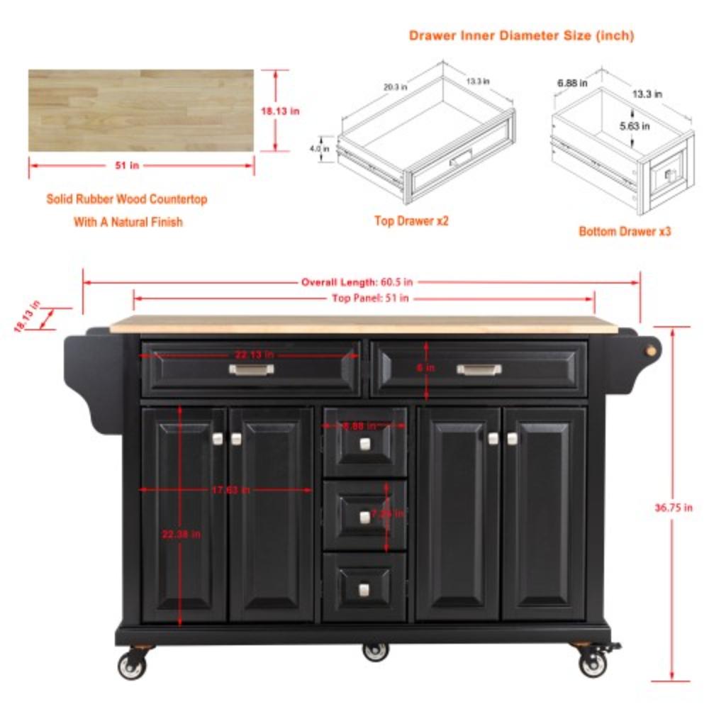 Kitchen Island with Rubberwood Countertop