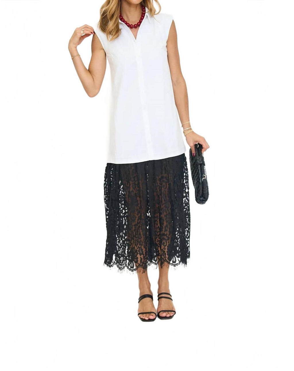 Lace Trim Midi Shirt Dress In White