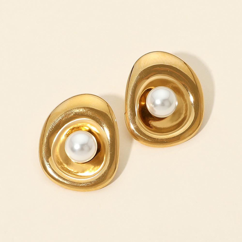 Stainless Steel Organic Sculptural Frame Pearl Accent Earrings