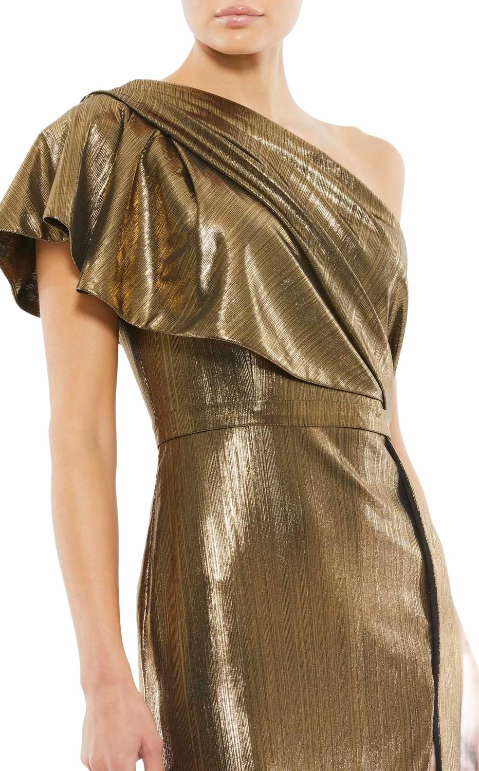 One Shoulder Shimmer Slit Gown In Copper