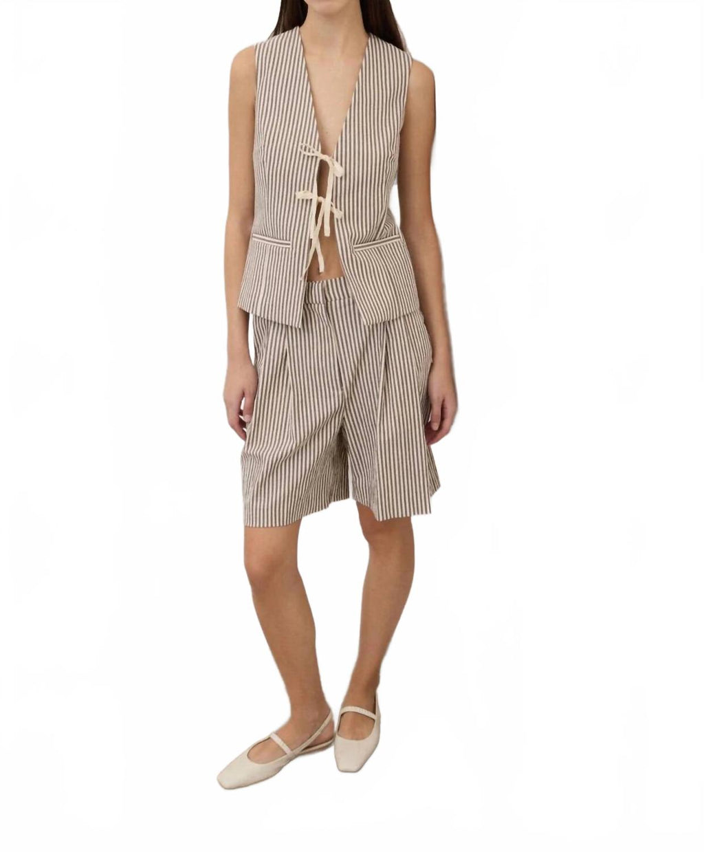 Cotton Blend Striped Shorts In Brown And White