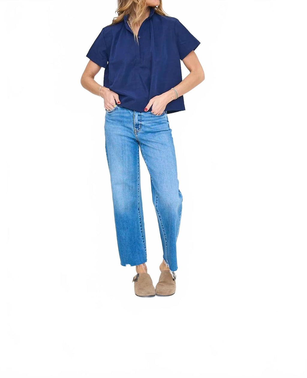 Stand Collar Short Sleeved Shirt In Navy