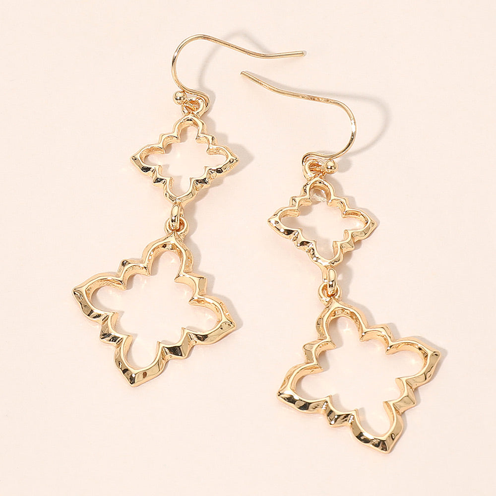 Double Metal Quatrefoil Openwork Link Drop Earrings