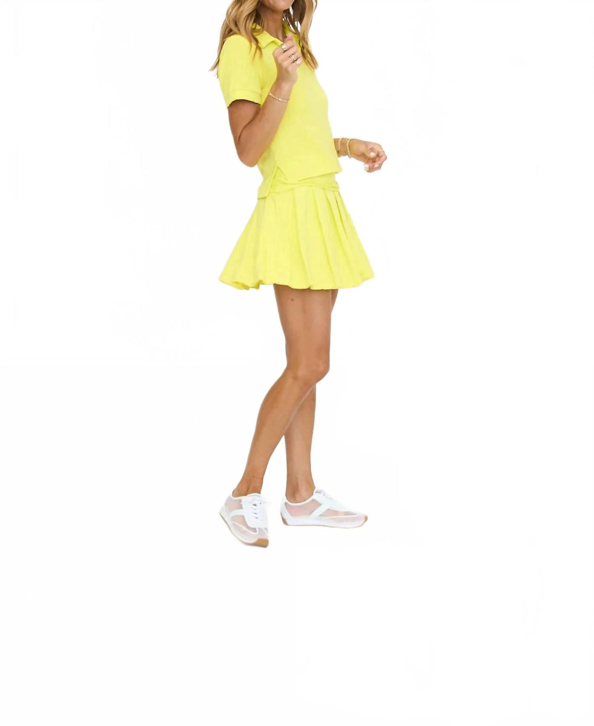 Polo Shirt Set With Pleated Flare Skort In Lemon