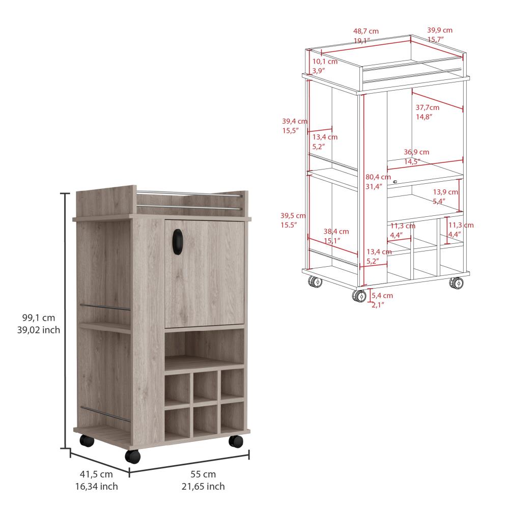 Bar Serving Cart with Six-Bottle Wine Storage and Mobility Wheels