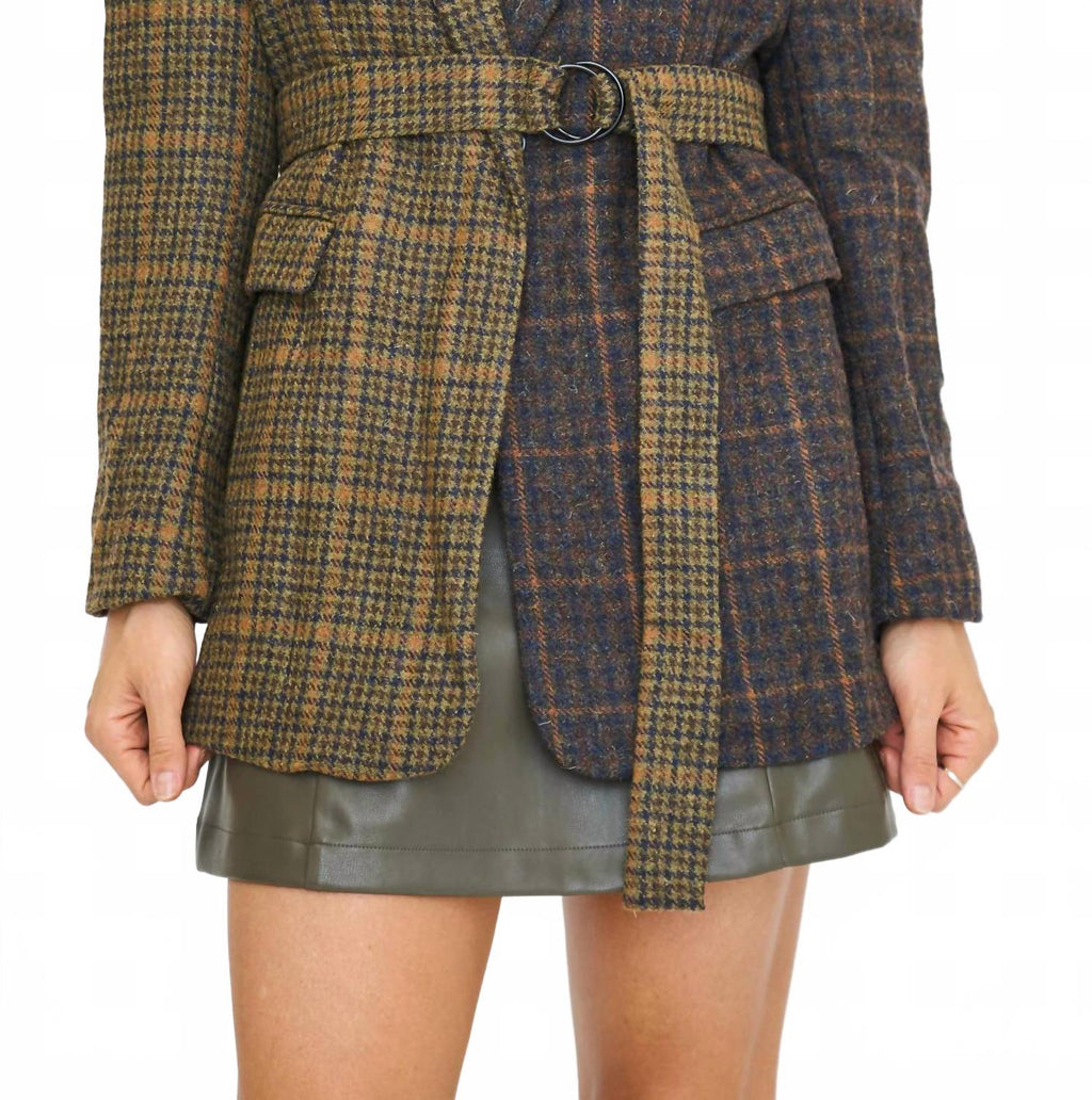Mixed Plaid Belted Blazer In Brown/ Black