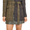 Mixed Plaid Belted Blazer In Brown/ Black