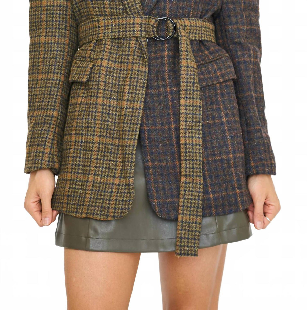 Mixed Plaid Belted Blazer In Brown/ Black
