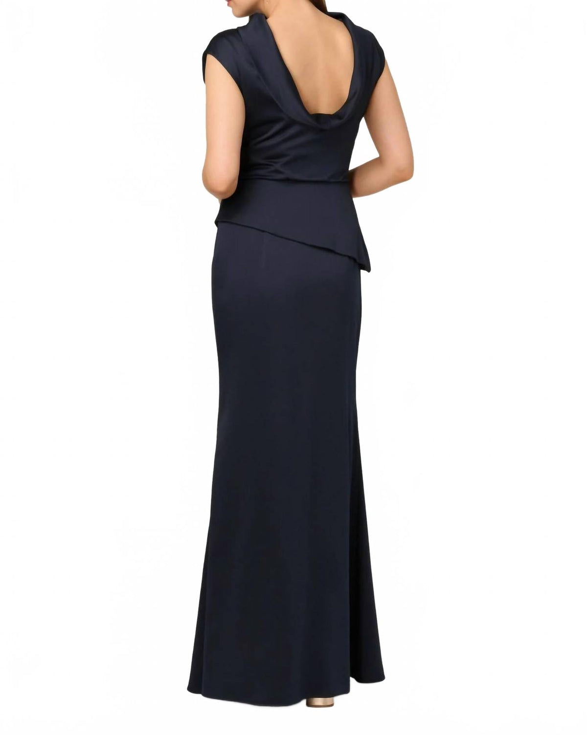 High-Neck Floor-Length Satin Formal Sheath Dress In Dark Navy