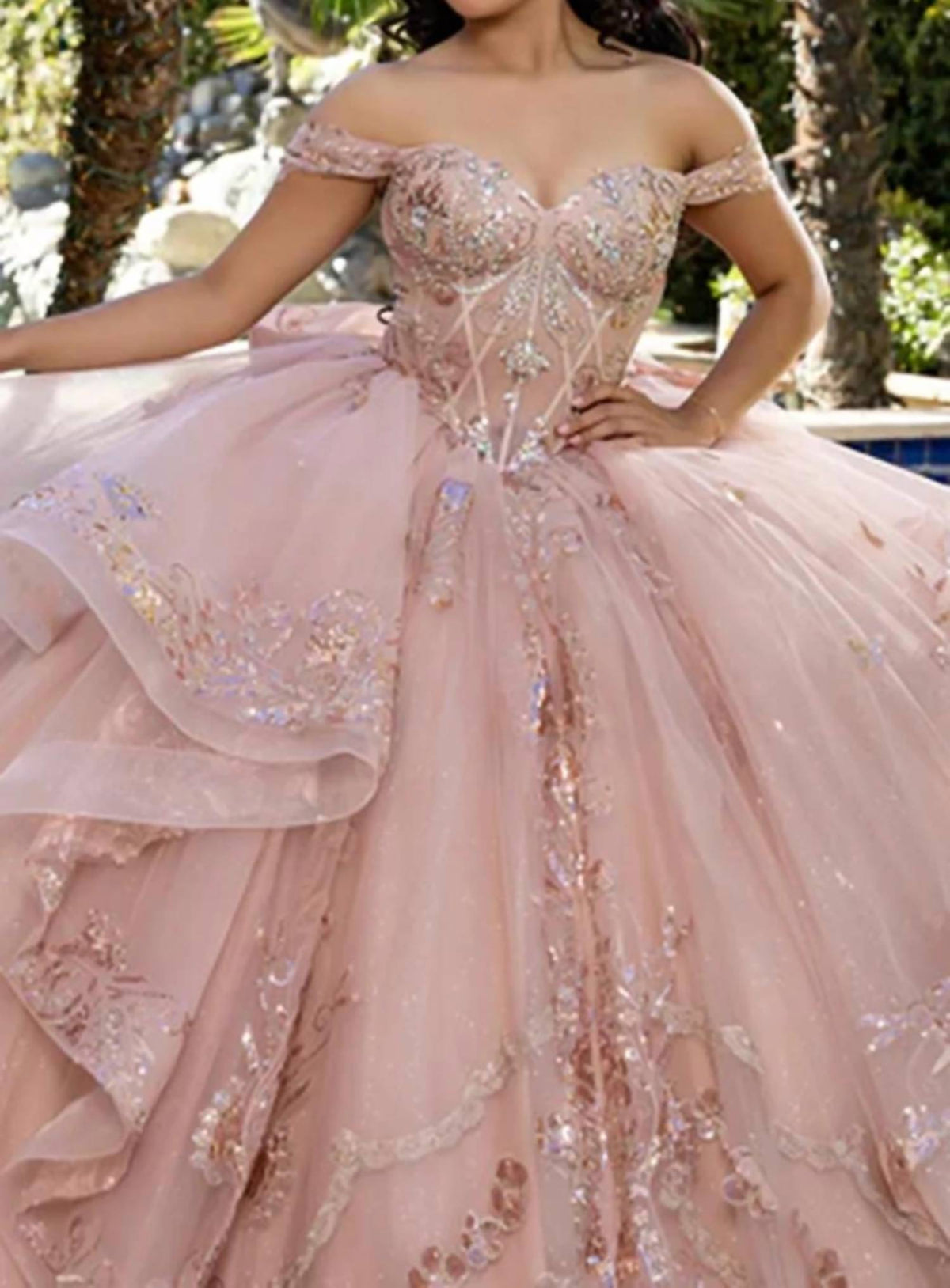 Layered Lace Off Shoulder Gown In Rosegold