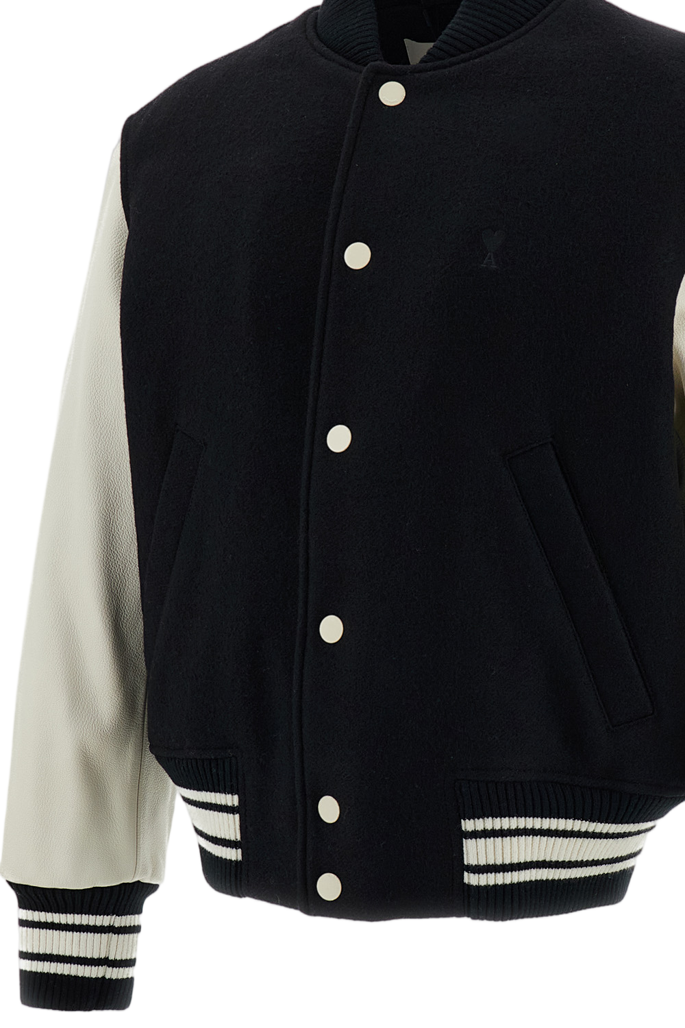 Black Padded Boiled Wool Leather Sleeve Bomber Jacket