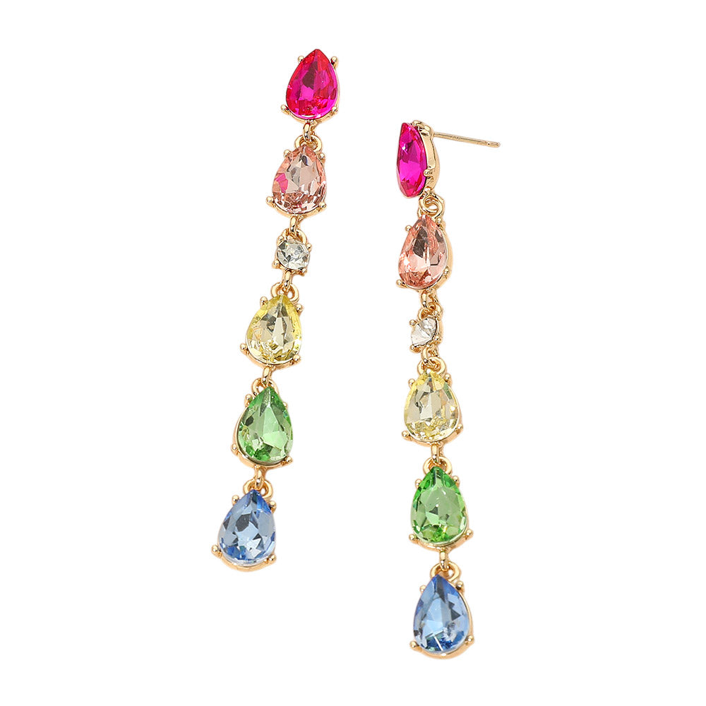 Elegant Colorful Teardrop Stone Cluster Link Linear Drop Evening Earrings