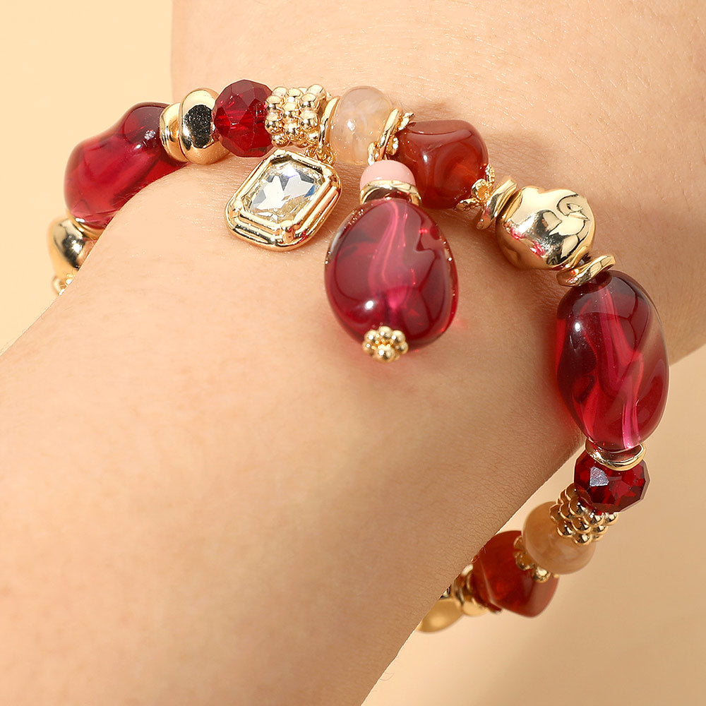 Faceted Stone Charm Beaded Stretch Bracelet