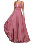 V-Neck Wide Waistband Evening Maxi Dress In Mauve Rose