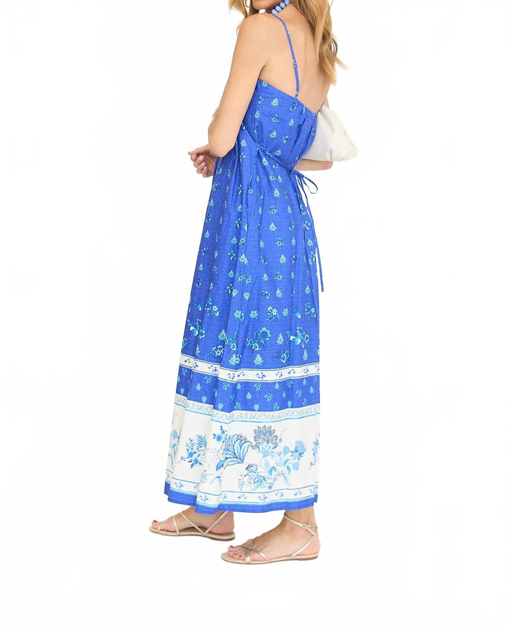 Pleated Floral Print Sleeveless Maxi Dress In Royal Blue/ White
