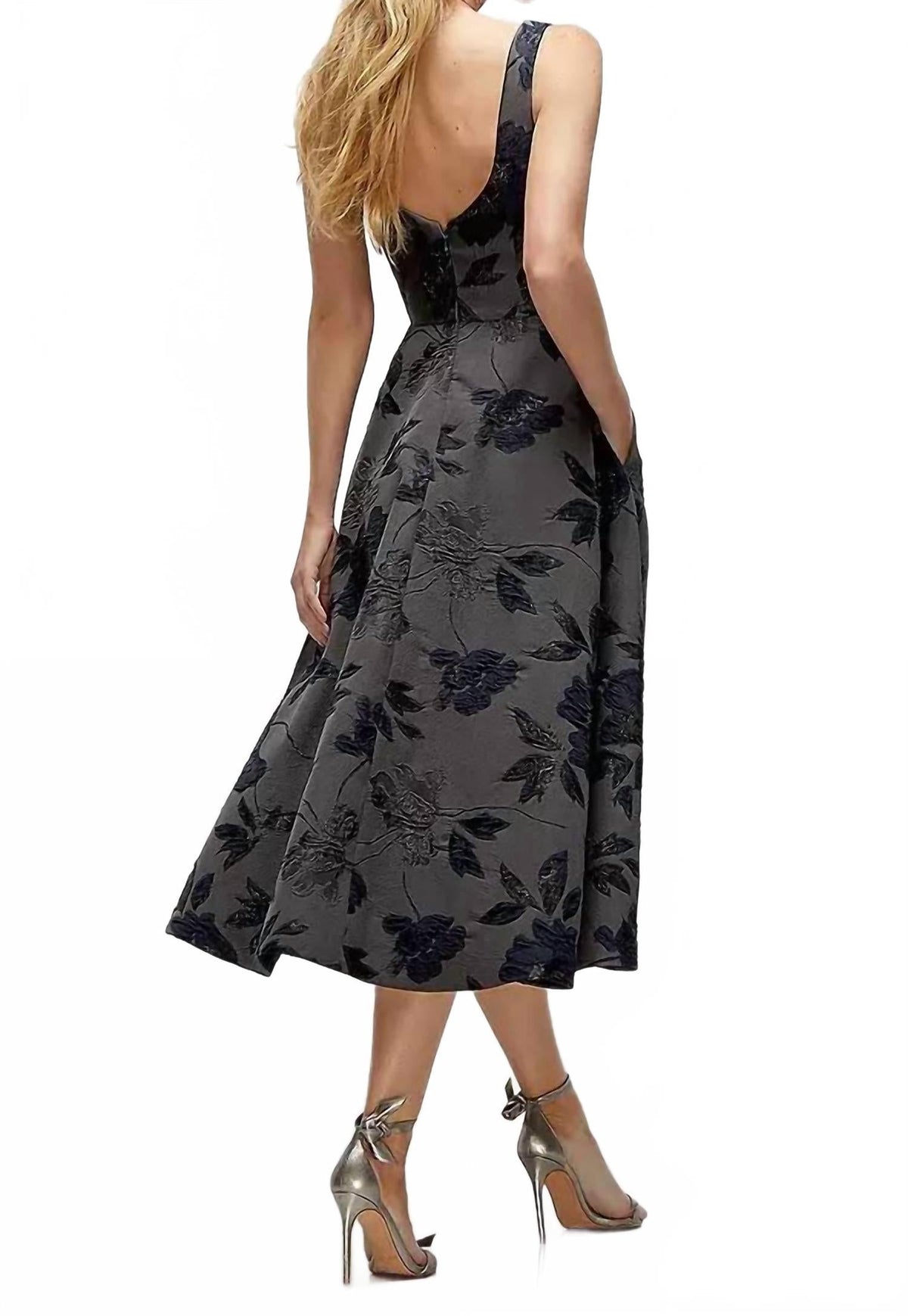 Square Neck Floral Metallic Jacquard Midi Dress In Noir Midnight Navy