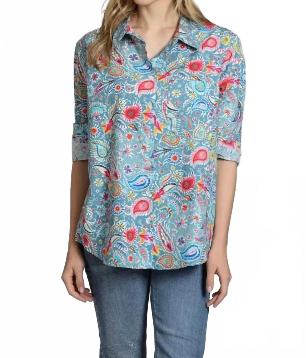 Boyfriend Button-Up Shirt With Roll-Up Sleeve In Blue Multi