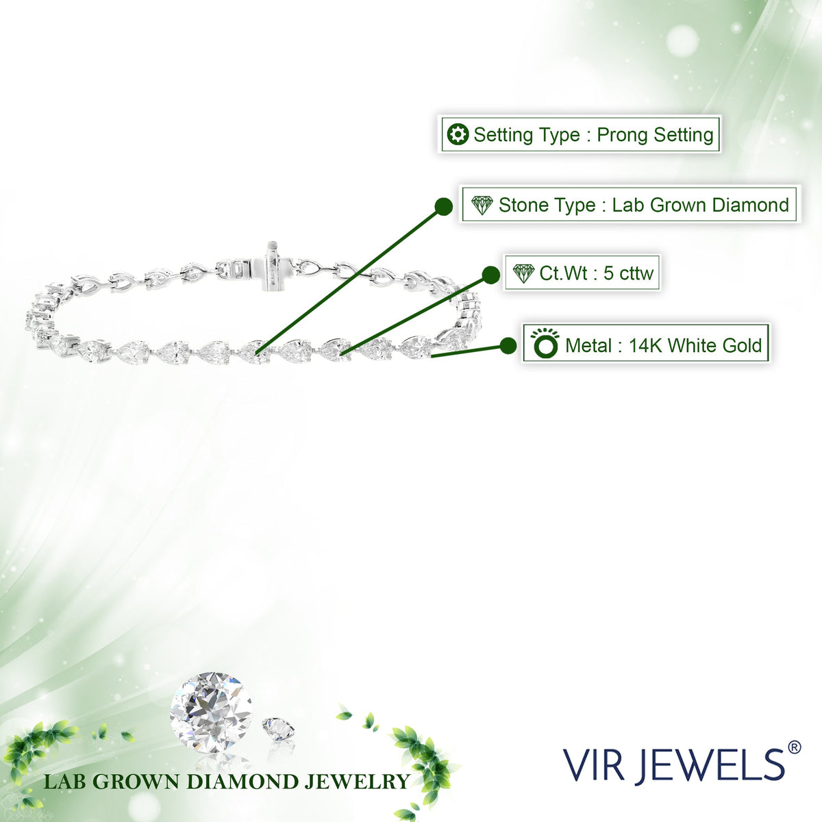 5 cttw Pear Lab Grown Diamond Tennis Bracelet in 14K Gold 7 Inch For Women