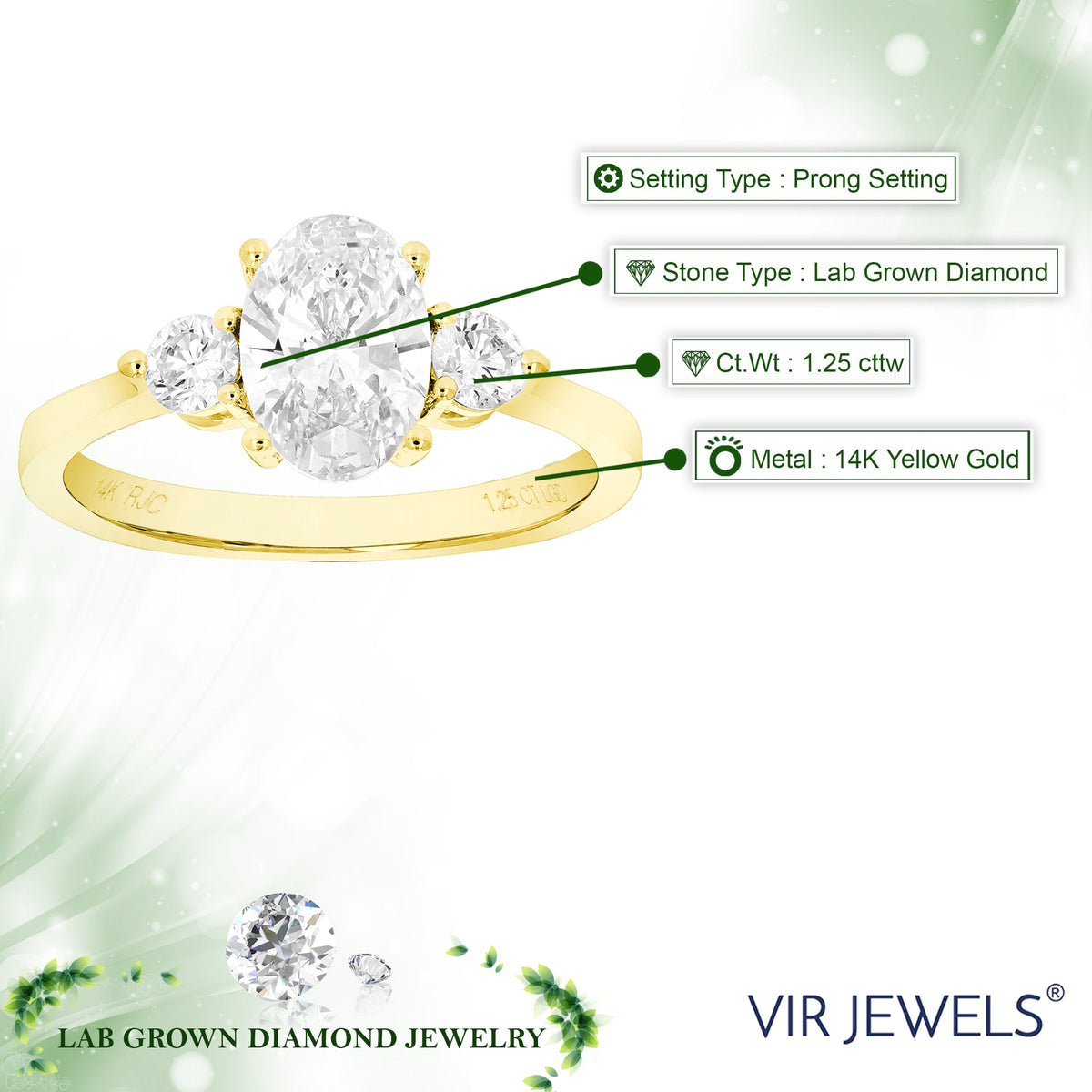 1.25 cttw Oval Lab Grown Diamond 3 Stone Engagement Ring in 14K Yellow Gold For Women