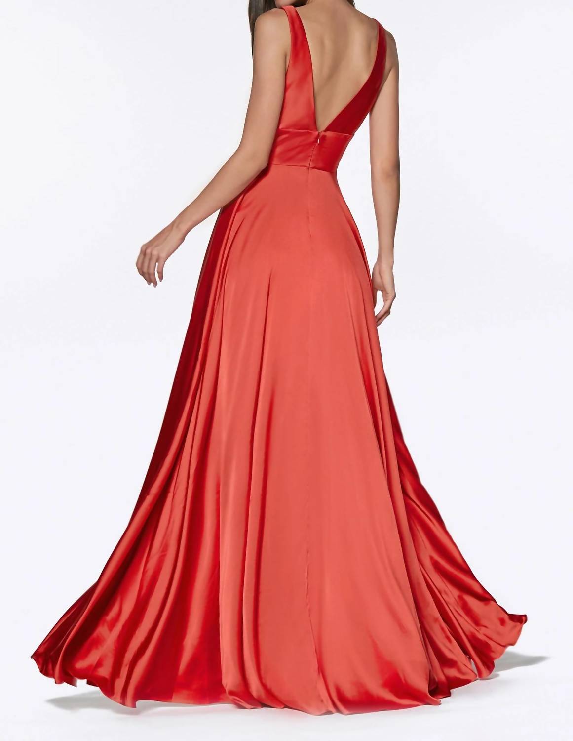 Deep V-Neck Satin A-Line Dress In Red