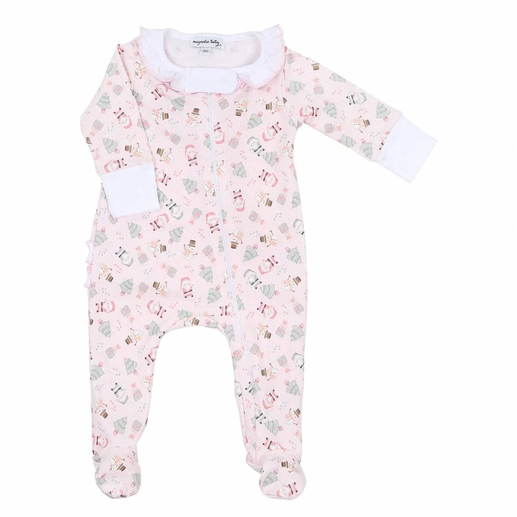 Kid's Sweet Christmas Ruffle Footie In Pink